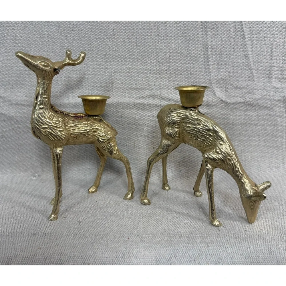 Vintage Brass Deer Candle Holder Set Gold Reindeer Buck Doe Christmas Decor 6in